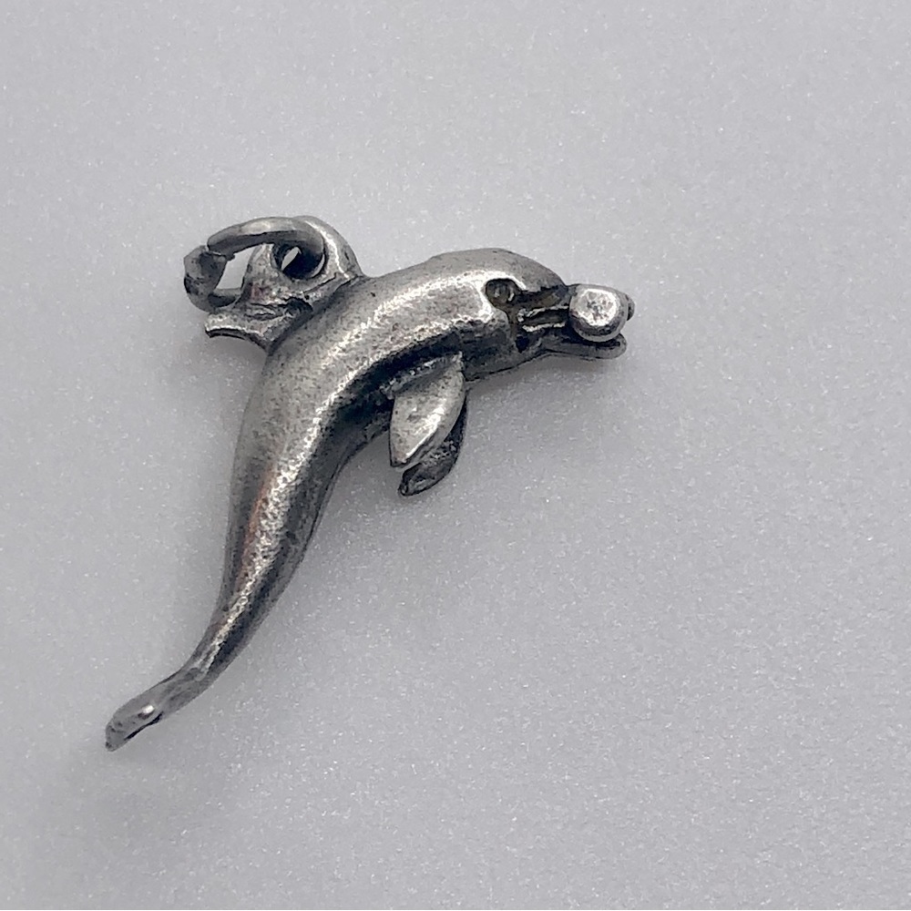 VTG Sterling Silver Dolphin w Barbell Mini Charm for Charm Bracelet